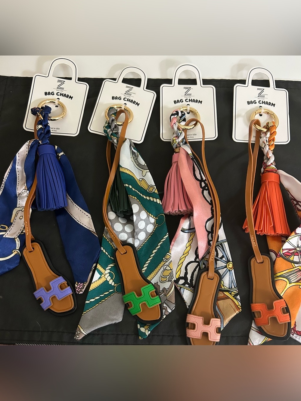 Bundle of 4 Bag charms: Multiple Color Tassel Bag Charm with Scarf Accent